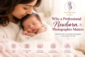 Mother cuddling her sleeping newborn baby in a professional newborn photography portrait by Mamma's Tiny Cubberry.